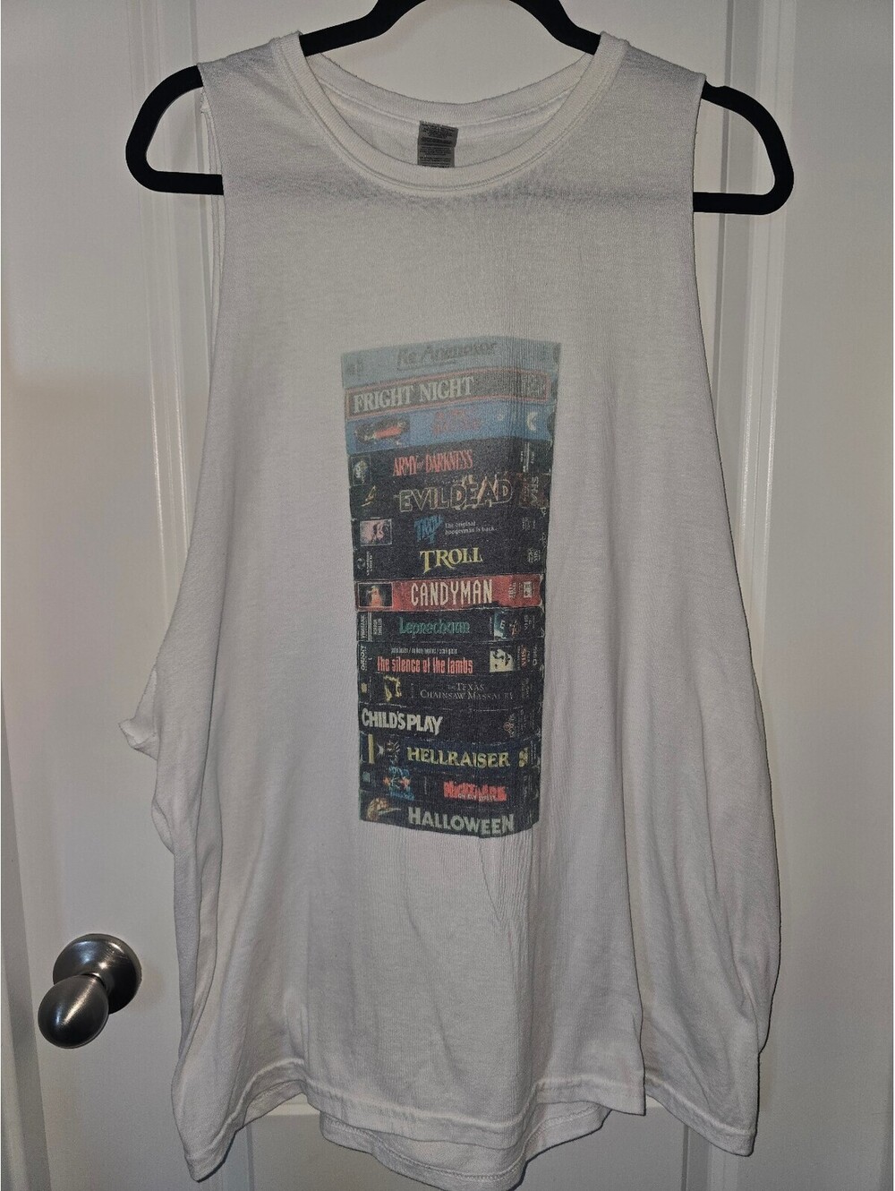 White Sleeveless Tank Top with Horror Movie VHS Stack Graphic XL